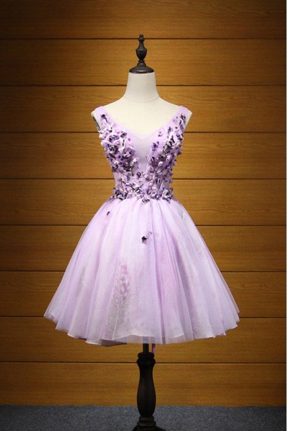 Cute Lilac Floral Homecoming Prom Dress Short With Straps