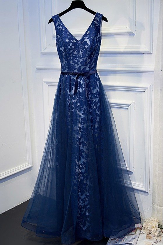 Navy Blue Lace Prom Dress